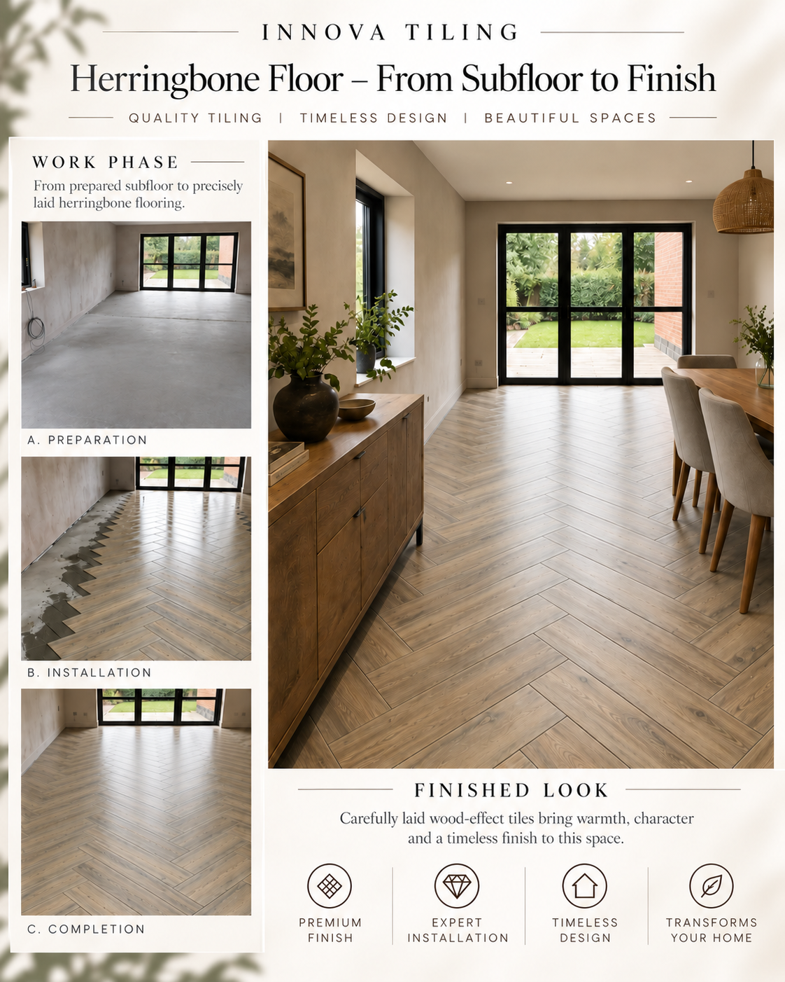 Innova Tiling project poster: Herringbone Floor – From Subfloor to Finish