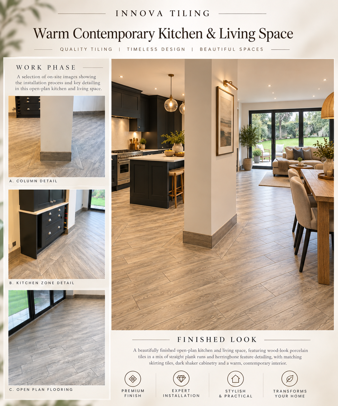 Innova Tiling project poster: Warm Contemporary Kitchen & Living Space