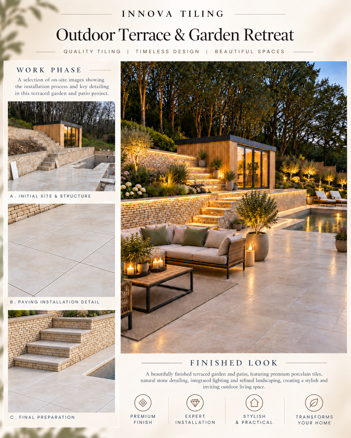 Innova Tiling project poster: Outdoor Terrace & Garden Retreat
