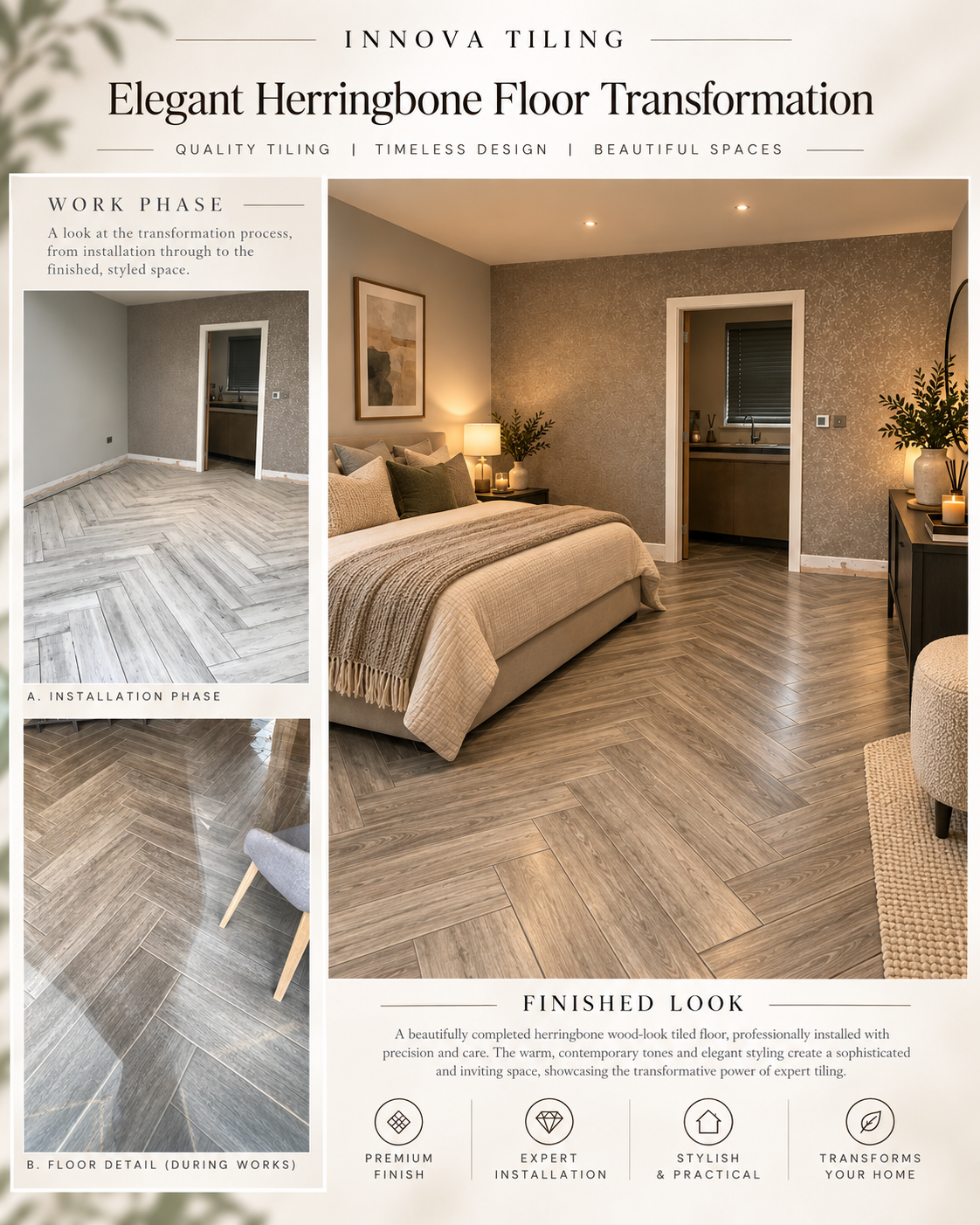 Innova Tiling project poster: Elegant Herringbone Floor Transformation