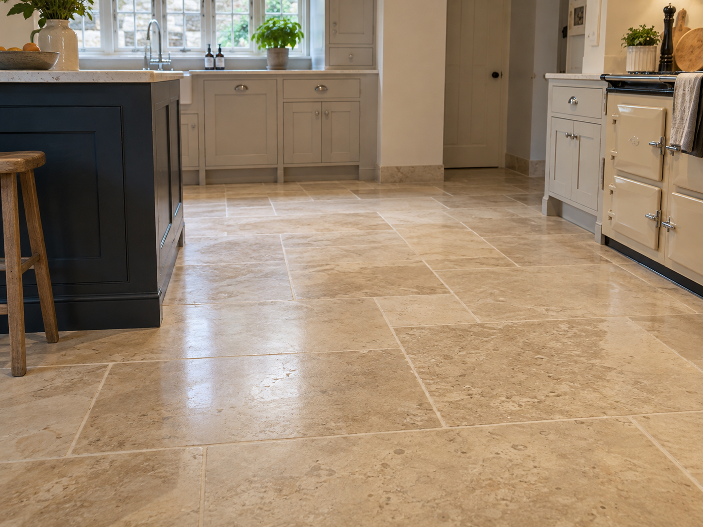 Limestone Kitchen Floor after restoration